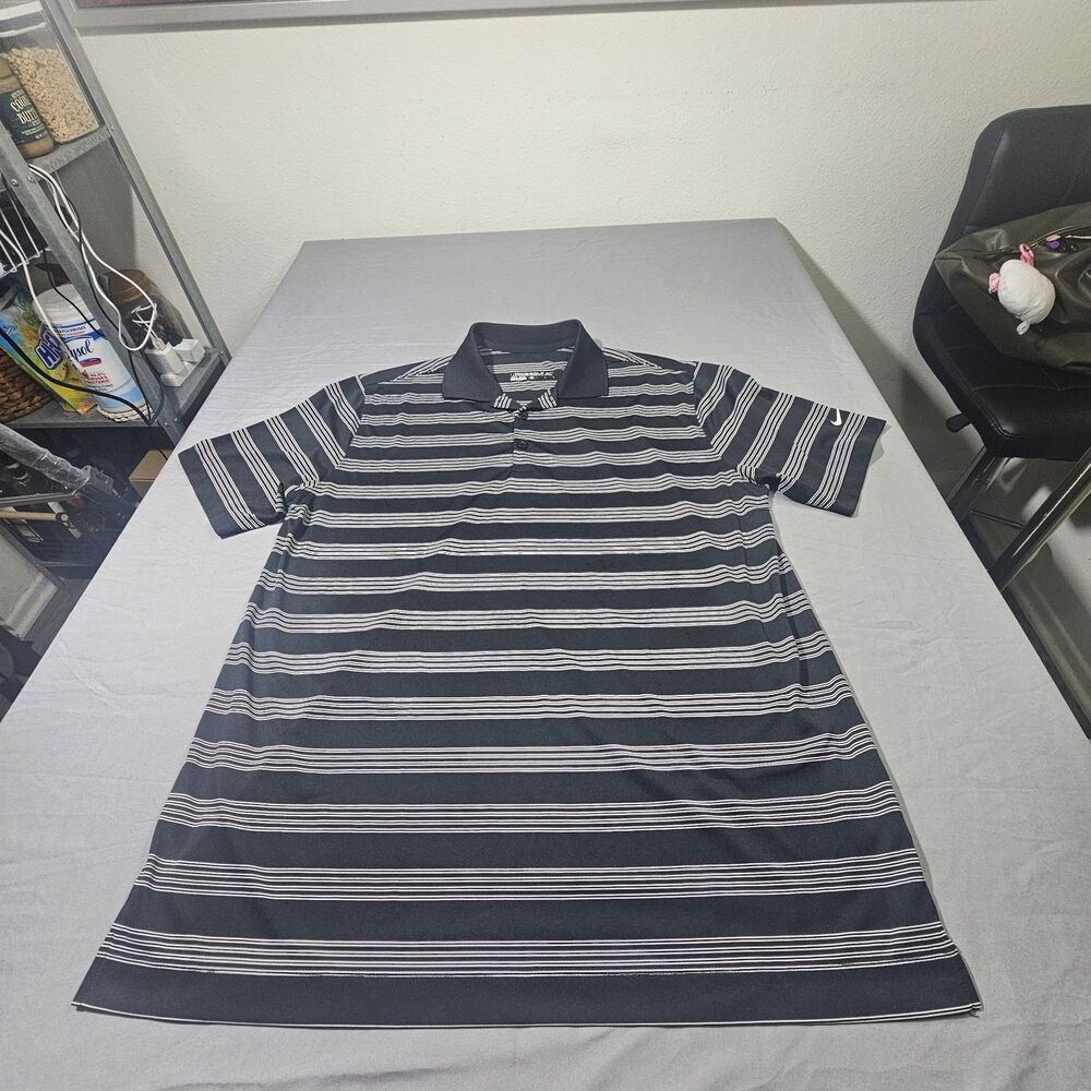 Nike Golf Standard Fit Dri-Fit Short Sleeve Black White Striped Polo Men's Large
